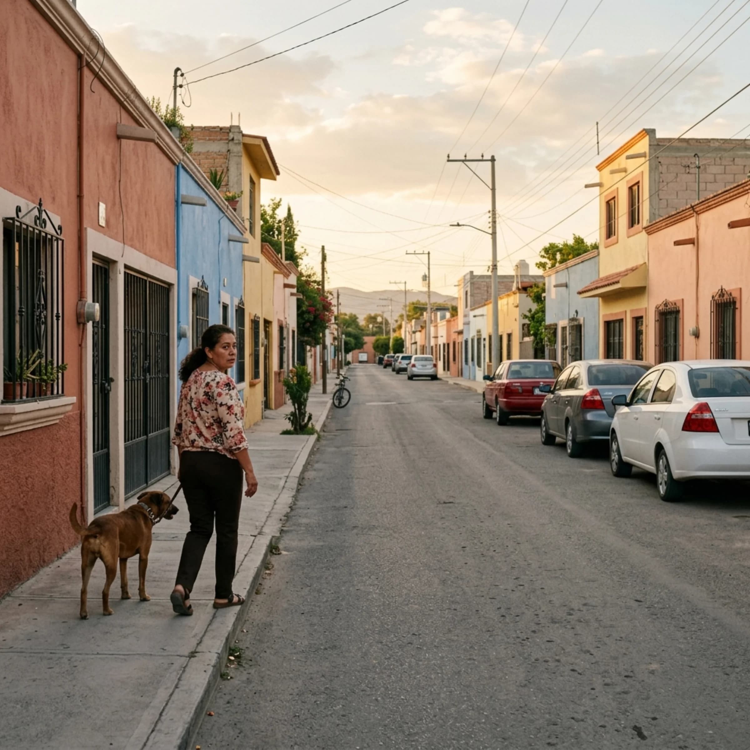 Calle residencial de Durango al atardecer, vecinos saliendo a la banqueta.