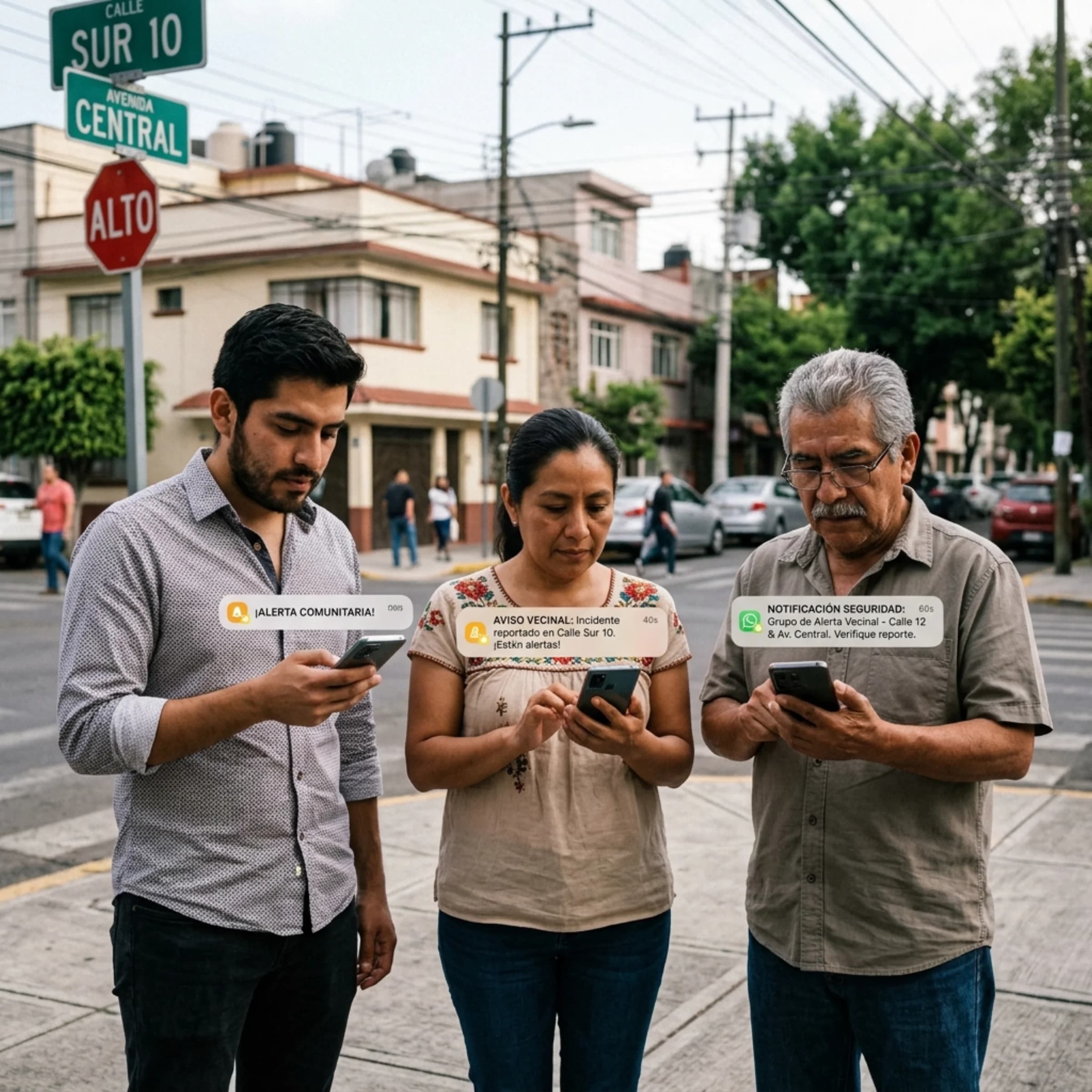 Tres vecinos mexicanos mirando sus celulares al recibir una alerta vecinal.
