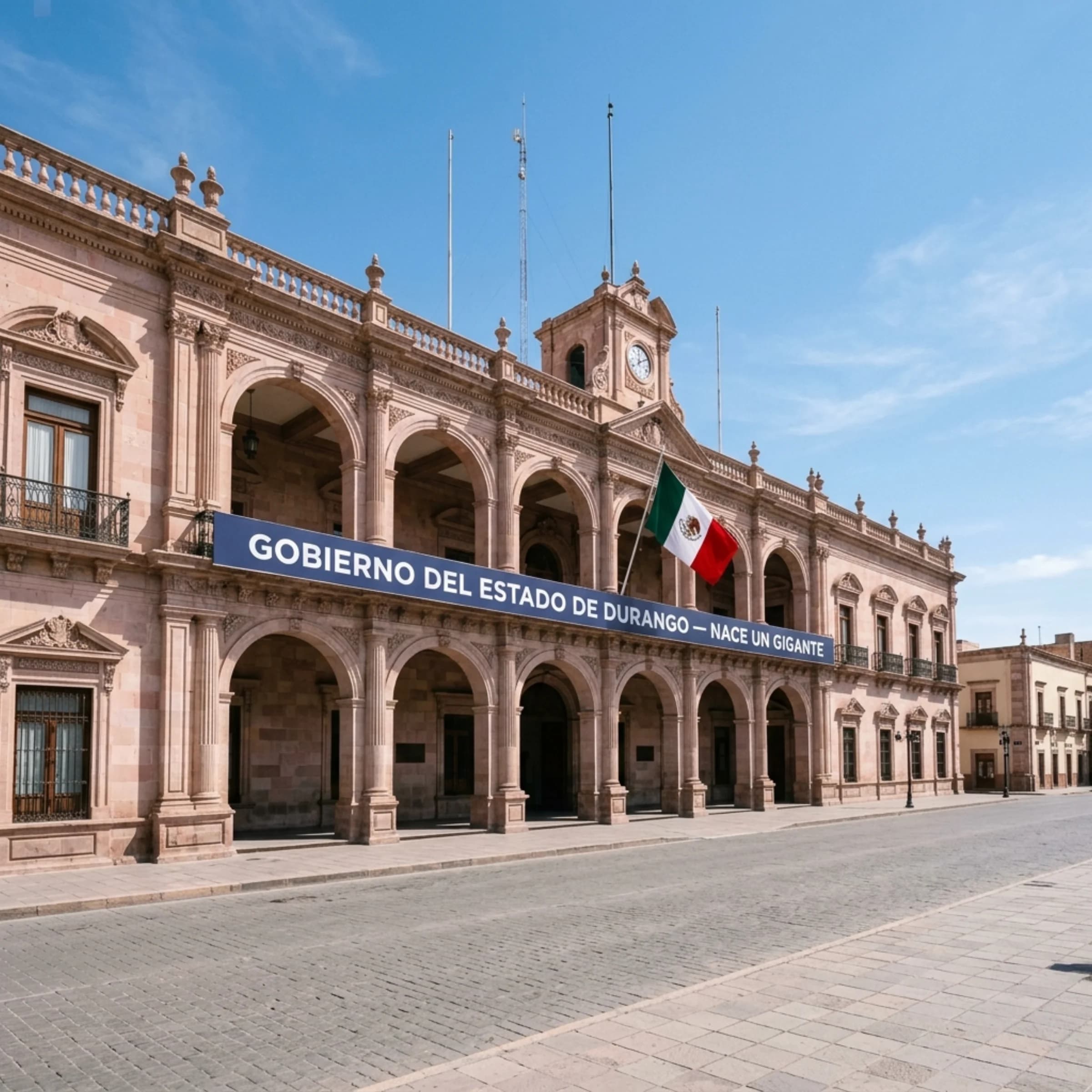 Palacio de Gobierno del Estado de Durango con banner Nace un Gigante.