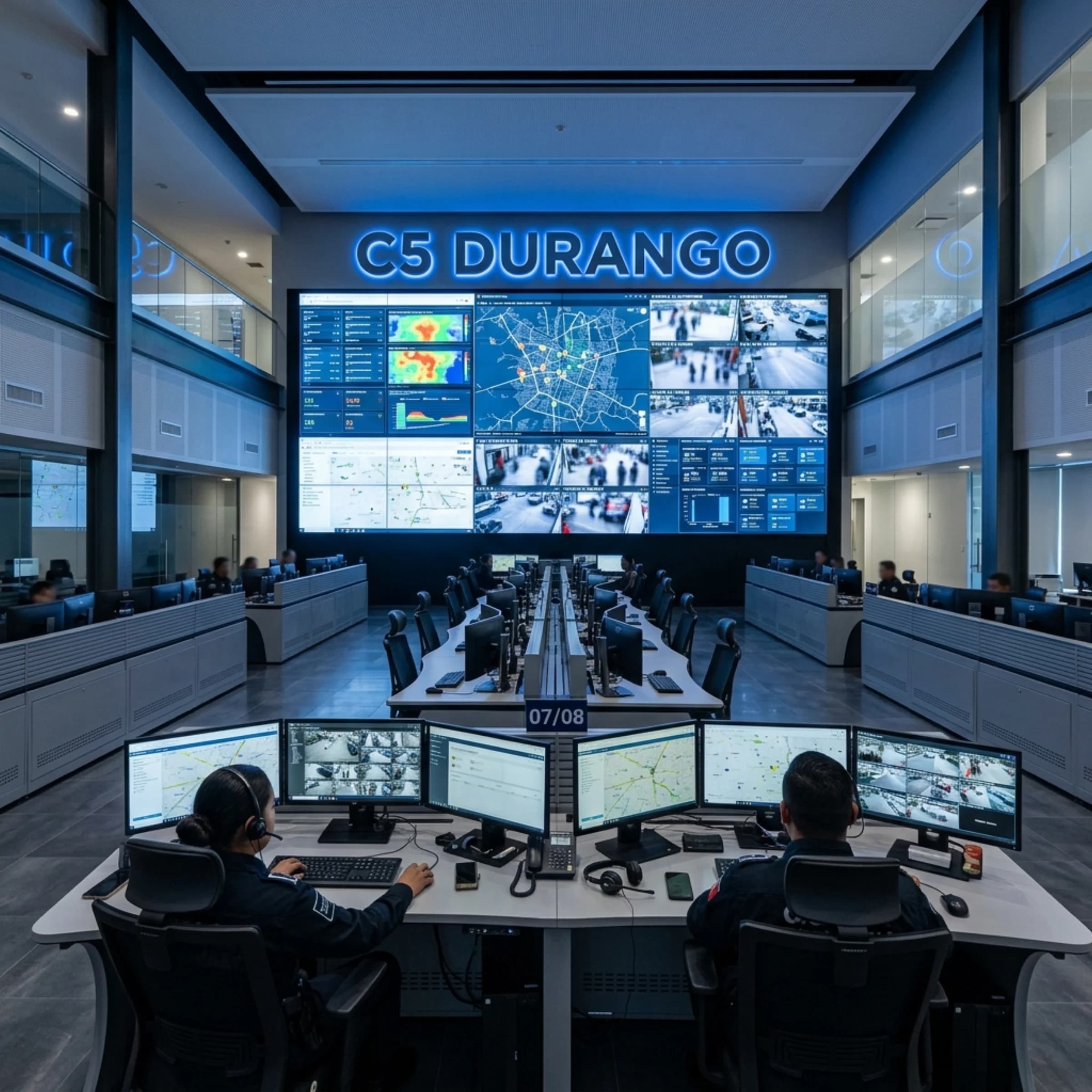 Sala de operaciones del C5 Durango con monitores activos.