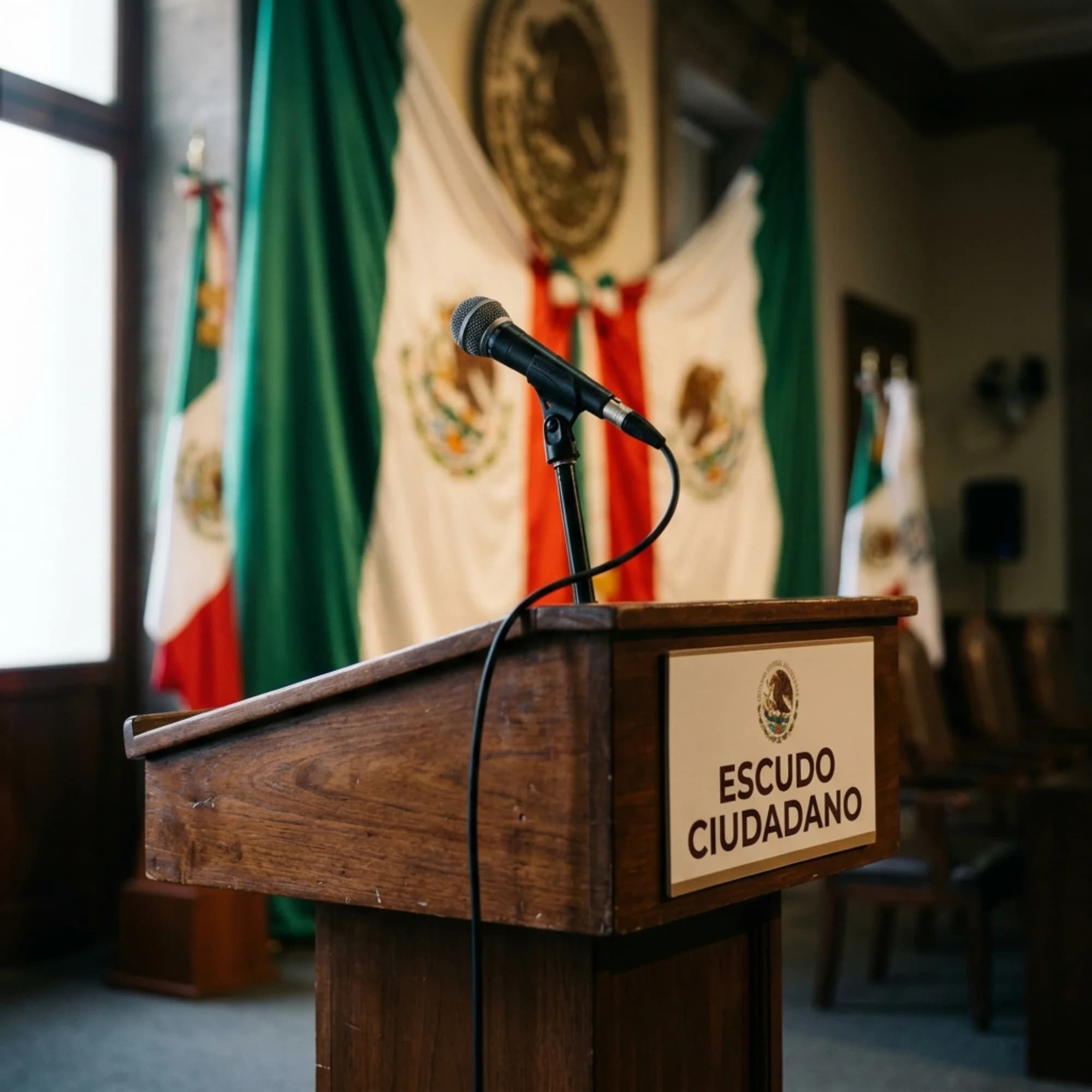 Atril de conferencia de prensa con la placa Escudo Ciudadano.